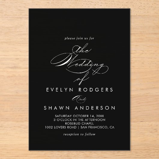 Minimalistische Spaanse zwarte bruiloft Acryl Uitnodigingen (Voorkant)