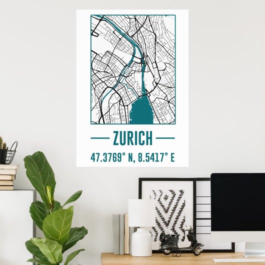 Minimalistische stadskaart van zürich, Zürich DIY- Poster (Thuiskantoor)