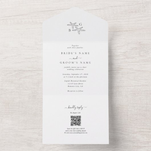 Minimalistische Starfish Beach Monogram bruiloft All In One Uitnodiging (Binnen)