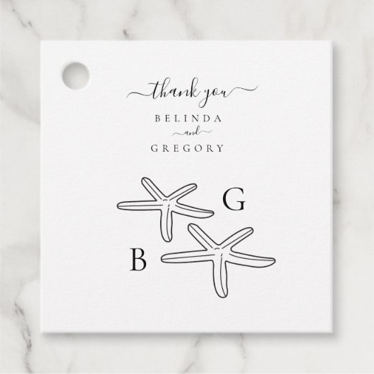 Minimalistische Starfish Beach Monogram bruiloft Bedankjes Labels (Voorkant)