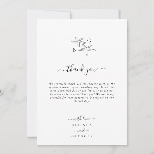 Minimalistische Starfish Beach Monogram bruiloft Bedankkaart (Voorkant)