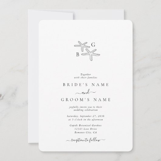 Minimalistische Starfish Beach Monogram bruiloft Kaart (Voorkant)