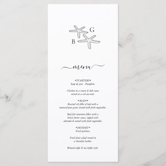 Minimalistische Starfish Beach Monogram bruiloft Menu (Voorkant)