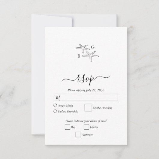 Minimalistische Starfish Beach Monogram bruiloft RSVP Kaartje (Voorkant)