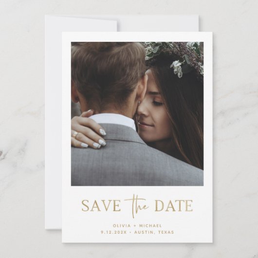 Minimalistische stijl goud | Eén foto Save The Date (Voorkant)