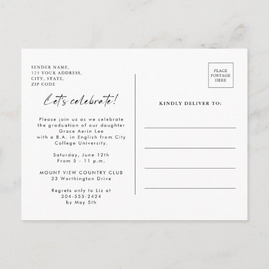 Minimalistische stijlvolle foto afstudeerfeest uitnodiging briefkaart (Achterkant)
