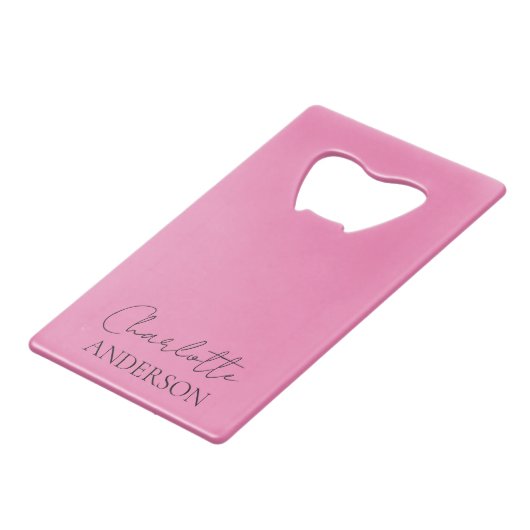 Minimalistische stijlvolle monogram naam roze creditkaart flessenopener (Voorkant Gekanteld)