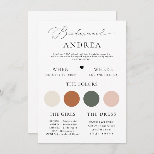 Minimalistische stijlvolle script bruidsmeisje inf kaart (Voorkant / Achterkant)