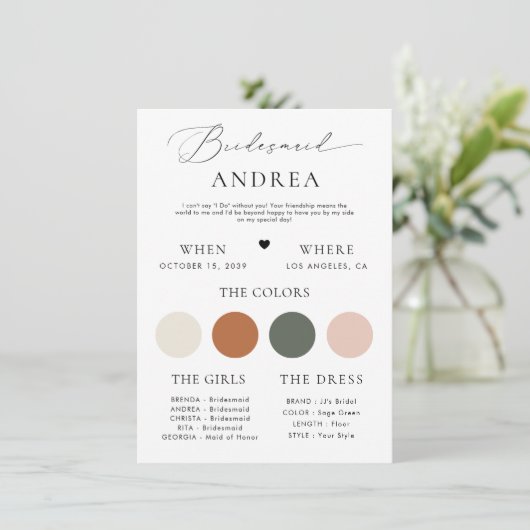 Minimalistische stijlvolle script bruidsmeisje-inf kaart (Staand voorkant)