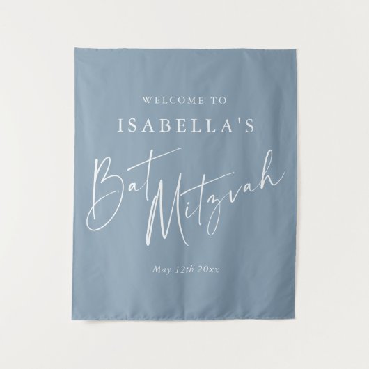 Minimalistische Stof Blauw Aangepaste Bat Mitzvah Wandkleed (Voorkant)