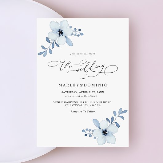Minimalistische Stofblauwe Bloem Boho Bruiloft Kaart
