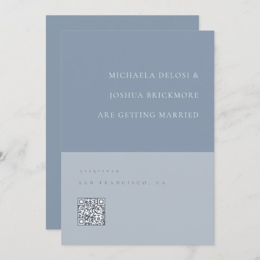 Minimalistische Stofblauwe QR Code Save the Date (Voorkant / Achterkant)