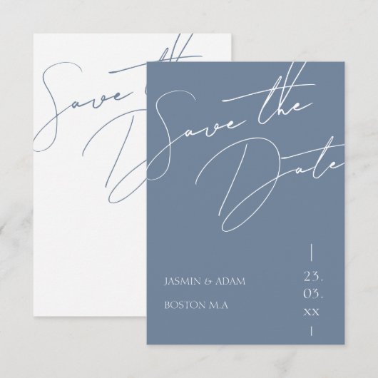 Minimalistische Stofblauwe Script Typografie Trouw Save The Date (Voorkant / Achterkant)