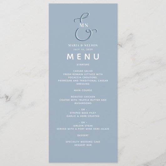 Minimalistische Stofblauwe Trouwmenu Menu (Voorkant)