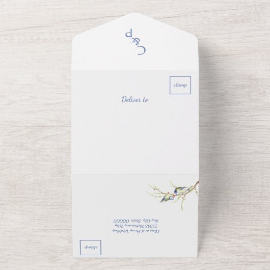 Minimalistische Stofblauwe Vlaamse Gaai Liefdesvog All In One Uitnodiging (Buitenkant)