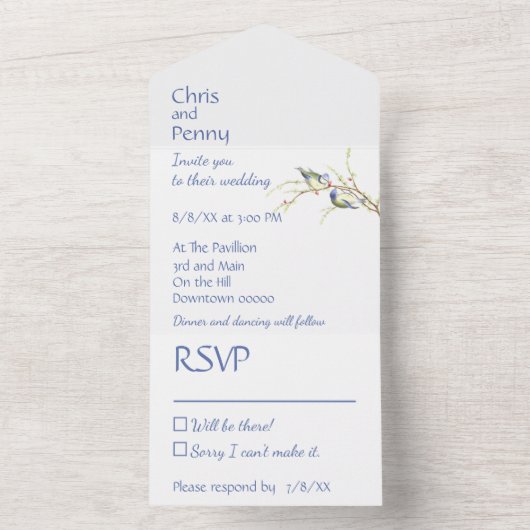 Minimalistische Stofblauwe Vlaamse Gaai Liefdesvog All In One Uitnodiging (Binnen)