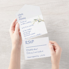 Minimalistische Stofblauwe Vlaamse Gaai Liefdesvog All In One Uitnodiging