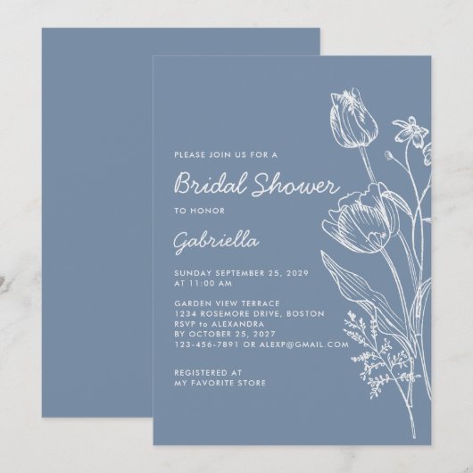 Minimalistische Stofblauwe Witte Bruidsdouche Kaart (Voorkant / Achterkant)