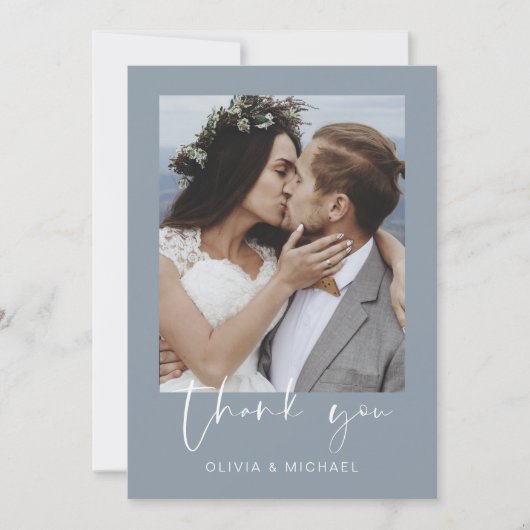 Minimalistische stoffige blauwe bruiloft dank u fo bedankkaart (Voorkant)
