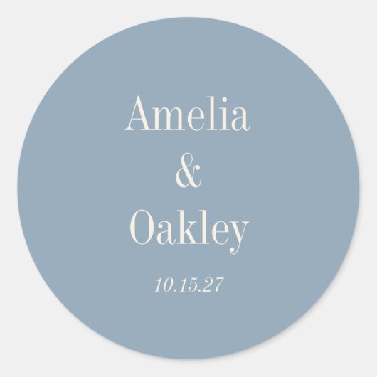 Minimalistische stoffige blauwe elegante bruiloft ronde sticker (Voorkant)