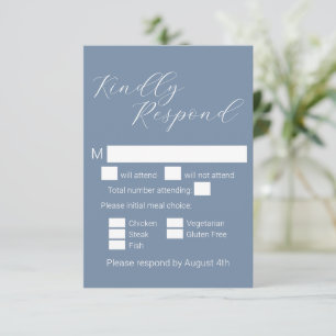 Minimalistische stoffige blauwe maaltijd keuze bru RSVP kaartje