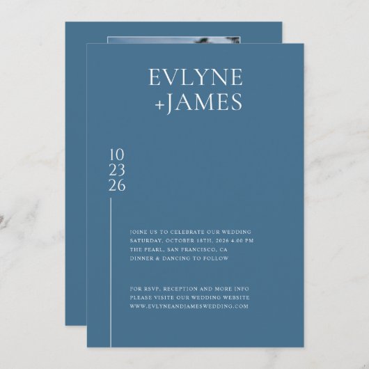 Minimalistische stoffige blauwe moderne bruiloft f kaart (Voorkant / Achterkant)