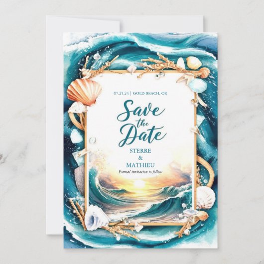 Minimalistische strandbruiloft save the date (Voorkant)