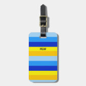 Minimalistische strepen blauw geel monogram bagagelabel (Voorkant verticaal)