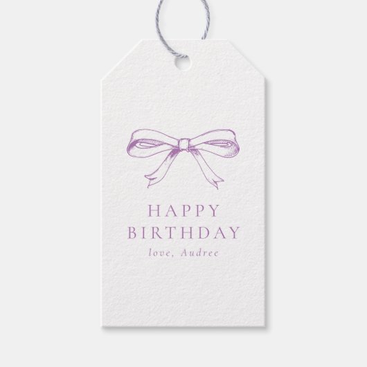 Minimalistische  strik Paarse Happy Birthday Cadeaulabel (Voorkant)