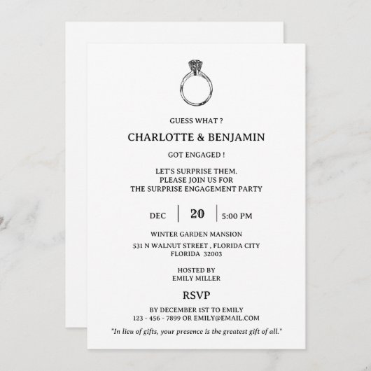 Minimalistische Surprise Engagement Party Kaart (Voorkant / Achterkant)