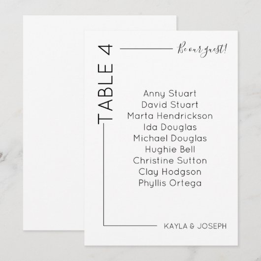 Minimalistische Tafel 4 Huwelijksstoelkaart Sjablo Kaart (Voorkant / Achterkant)