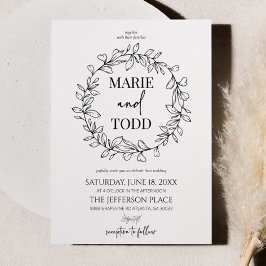 Minimalistische tak- en bladkransbruiloft kaart