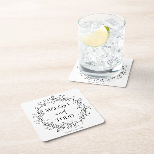 Minimalistische tak- en bladkransbruiloft kartonnen onderzetters (Insitu)