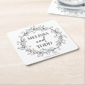 Minimalistische tak- en bladkransbruiloft kartonnen onderzetters (Schuin)