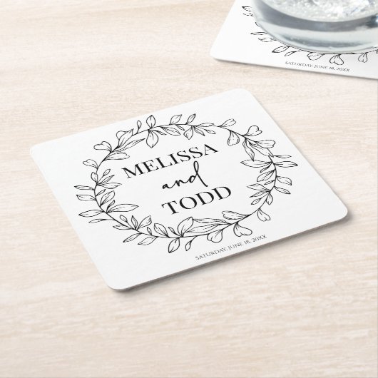 Minimalistische tak- en bladkransbruiloft kartonnen onderzetters (Schuin)