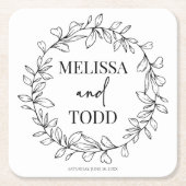 Minimalistische tak- en bladkransbruiloft kartonnen onderzetters (Voorkant)