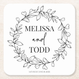 Minimalistische tak- en bladkransbruiloft kartonnen onderzetters