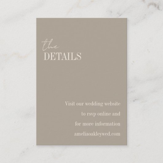 Minimalistische Taupe Brown Elegant Chique Bruilof Informatiekaartje (Voorkant)