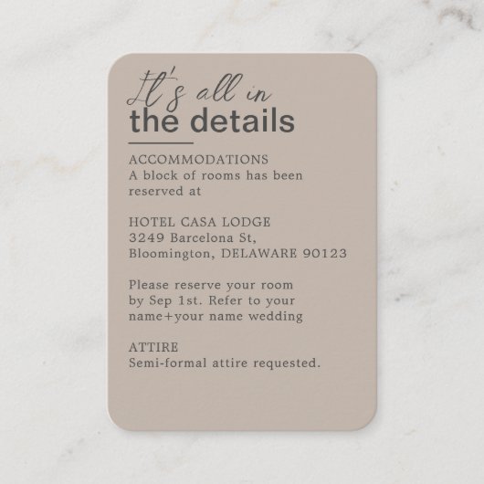 Minimalistische Taupe bruiloft details Informatiekaartje (Voorkant)