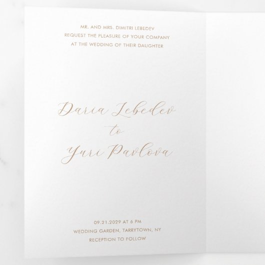 Minimalistische Taupe moderne bruiloft Drieluik Uitnodiging (Binnenzijde eerst)