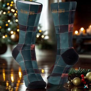 Minimalistische Teal & Burgundy Kerst Plaid Op Maa Sokken