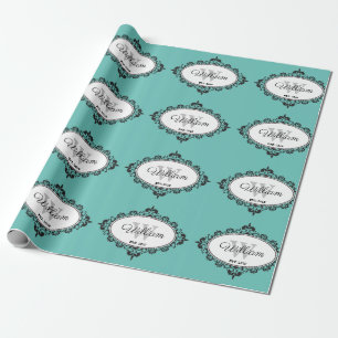 Minimalistische Teal Vintage Damast Monogram Cadeaupapier