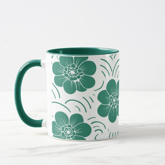 Minimalistische Tealgroene Blokdruk Bloemige Tweek Mok (Links)