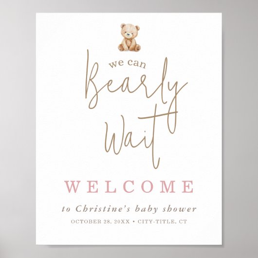 Minimalistische Teddybeer Baby Shower Welkom Poster (Voorkant)