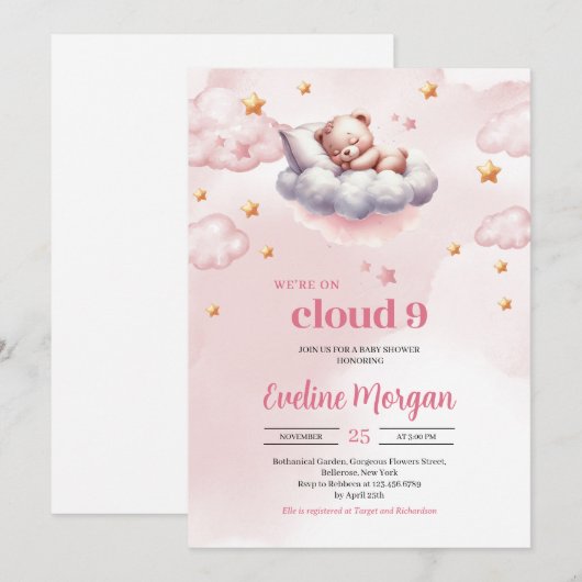 Minimalistische teddybeer wolk negen meisje baby s kaart (Voorkant / Achterkant)