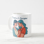 Minimalistische tekening lesbisch koppel gepersona koffiemok (Voorkant links)