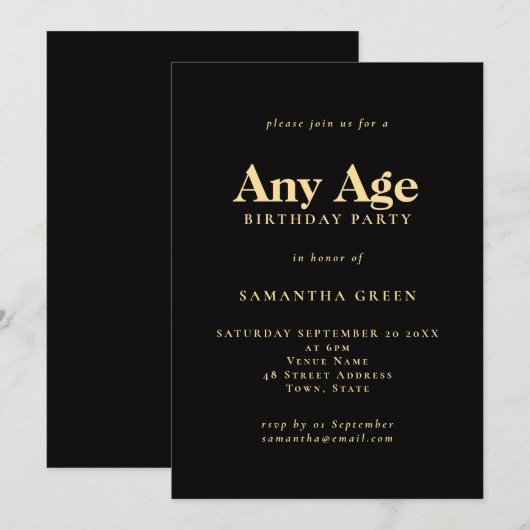 Minimalistische tekst Any Age Zwart Goud Verjaarda Kaart (Voorkant / Achterkant)