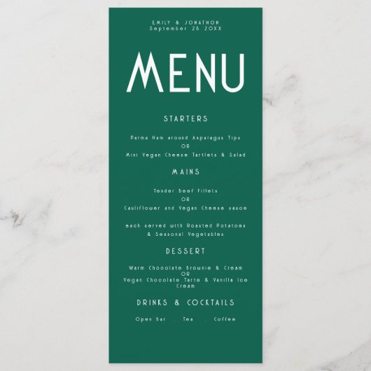 Minimalistische tekst Emerald Wedding Menu kaart (Voorkant)