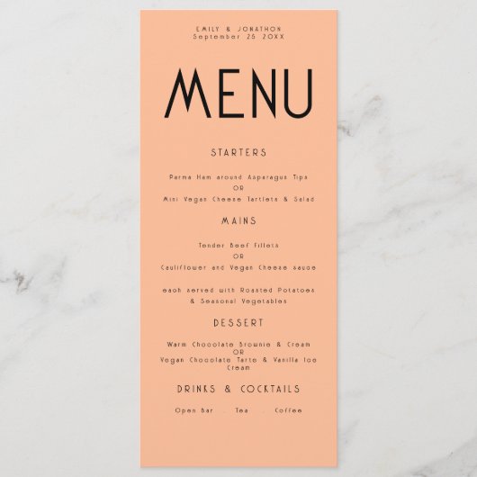 Minimalistische tekst Peach Wedding Menu kaart (Voorkant)