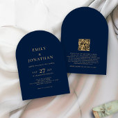 Minimalistische tekst QR-code Navy Gold Arch Weddi Kaart